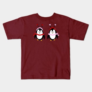 Valentines Penguin Pair with Pink and Red Heart Headbands and Scarves, made by EndlessEmporium Kids T-Shirt